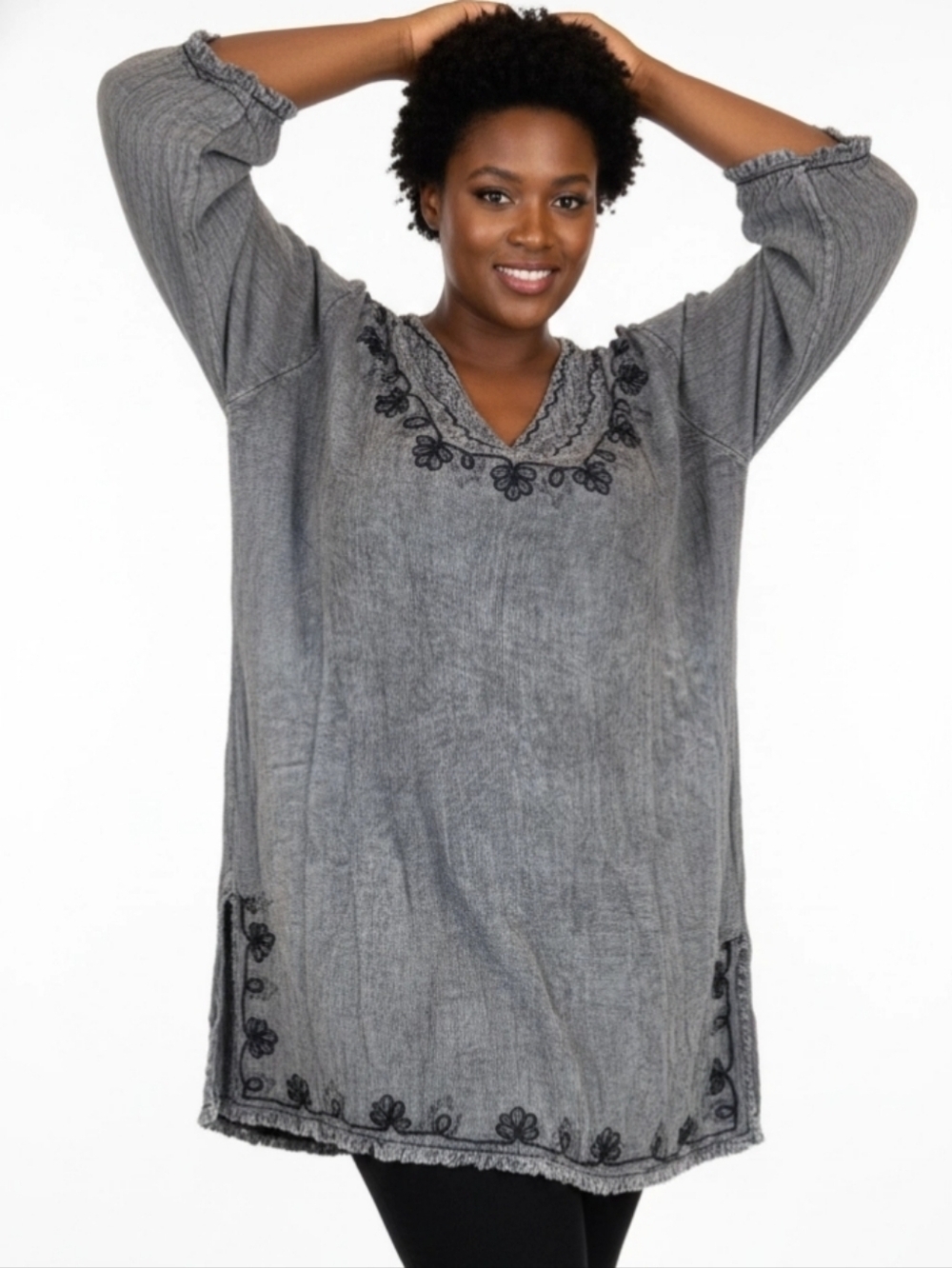 Anandas Collection Womens Tunic Cover Up Mini Dress Sz M Black-Gray Embroidered